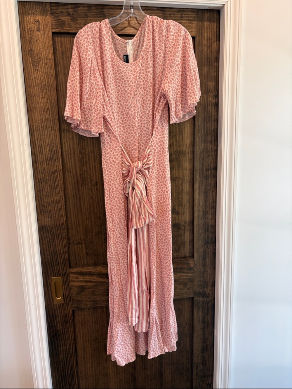 Women's Pink Floral Maxi Dress with Tie Detail
